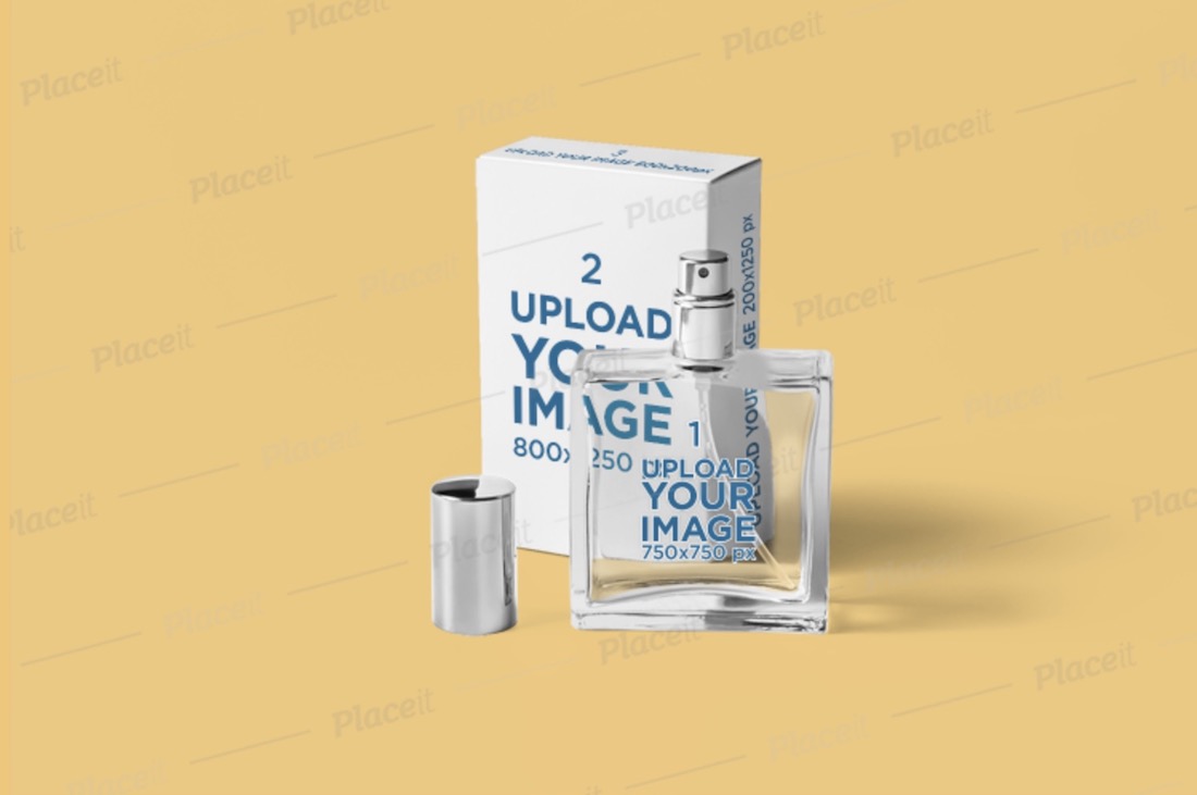 minimal packaging mockup featuring a perfume bottle and box
