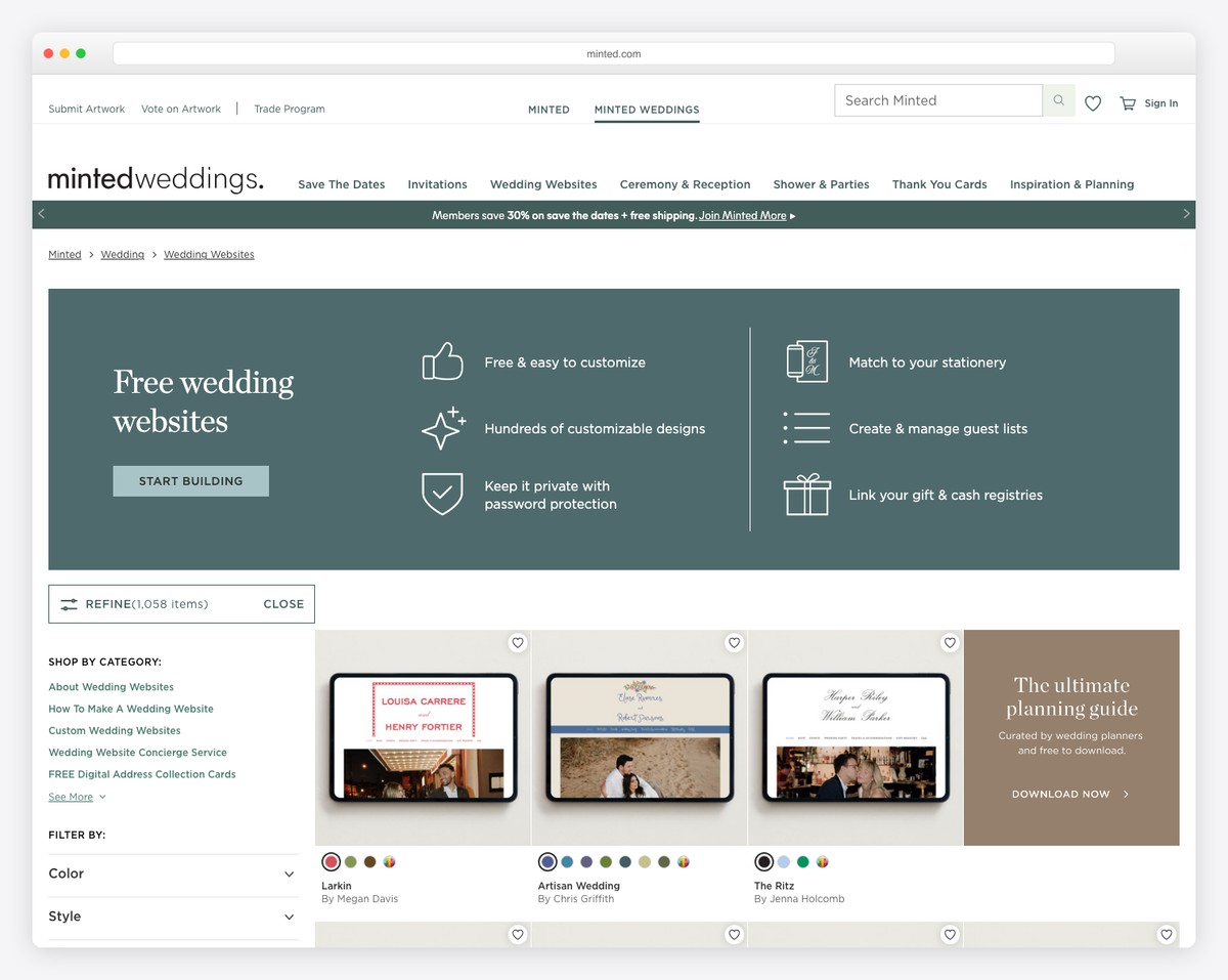 Minted wedding website with coordinating stationery suite showing save-the-dates and invitations in matching design