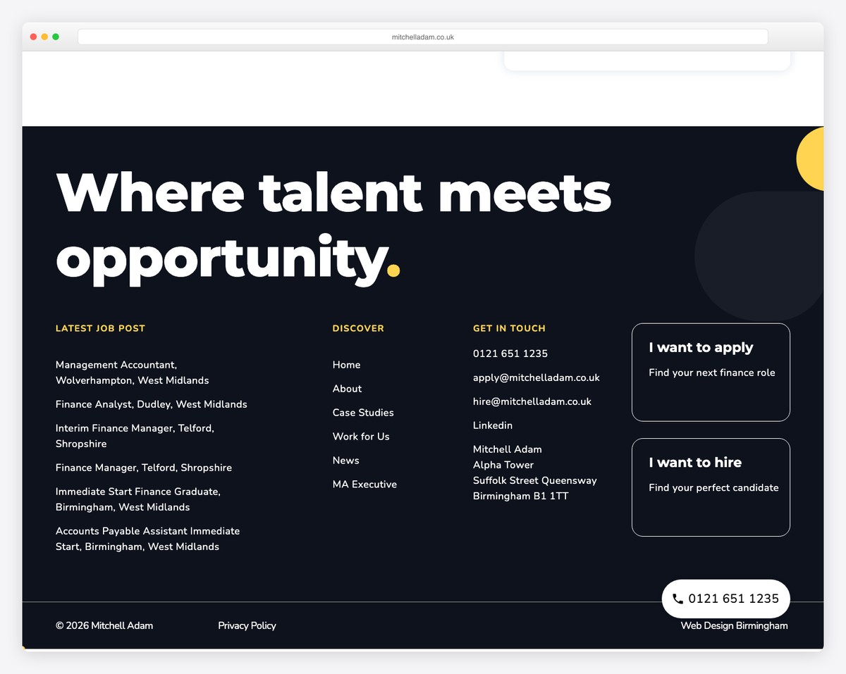 Mitchell Adam portfolio footer with minimal design and contact info