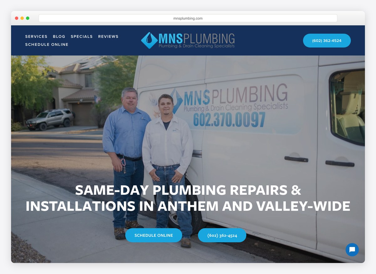 MNS Plumbing plumbing website homepage