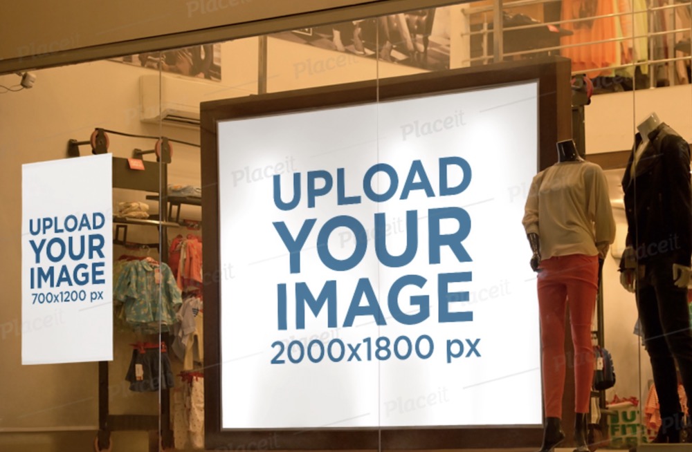 mockup of a poster and a billboard inside an apparel window display