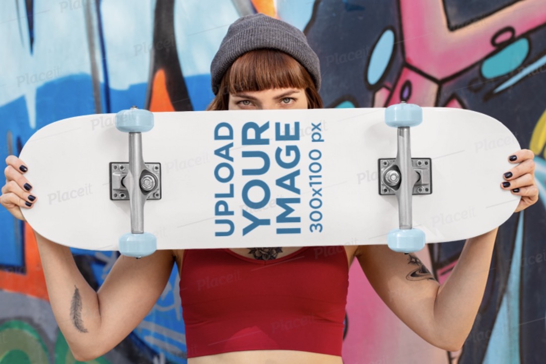 mockup of a woman holding a skateboard in front of her face