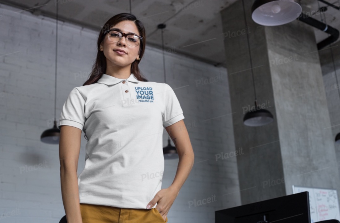 mockup of a woman with glasses wearing a polo shirt