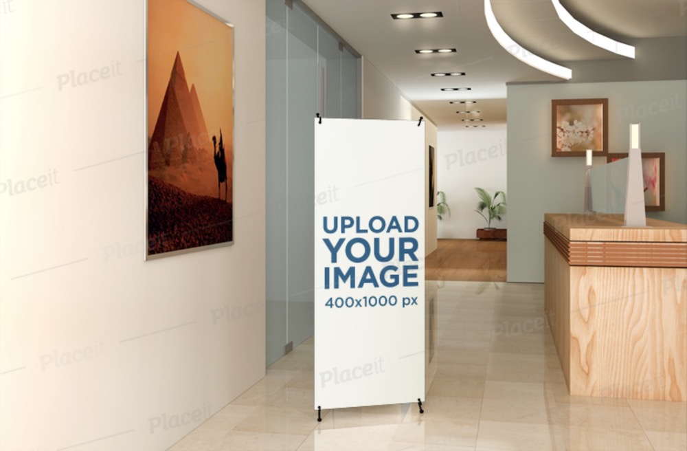 mockup of an x stand banner at the hallway of an office complex