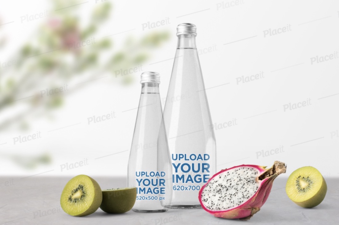 mockup of two water bottles featuring tropical fruits