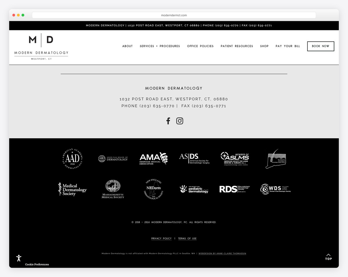 modern dermatology of connecticut website example