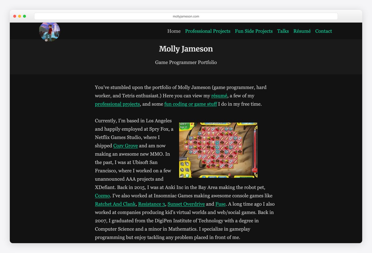 Molly Jameson game programmer portfolio website