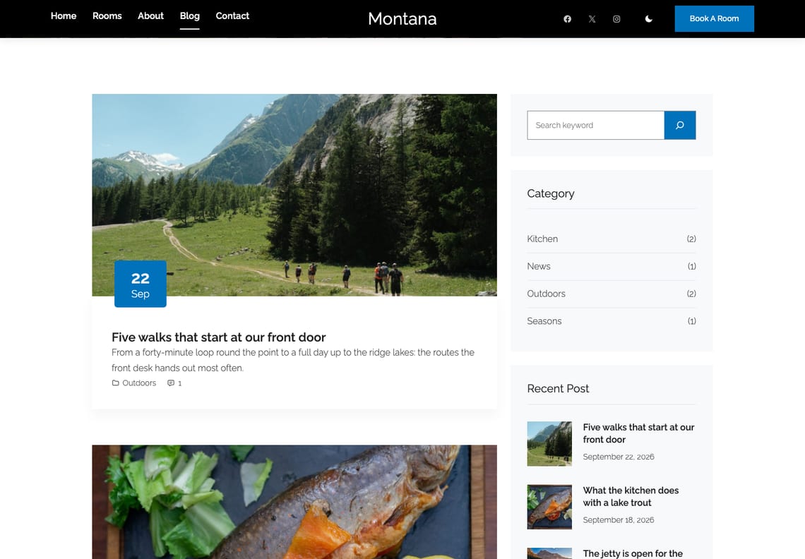 Montana blog: a post with a blue date tab over a photograph of walkers on a valley path, beside a sidebar with search, categories and recent posts