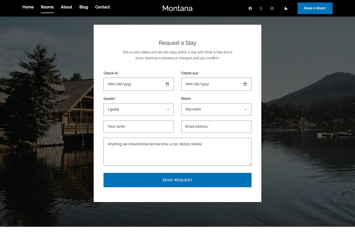 Montana booking request: a white box over a darkened lakeside photograph with check-in and check-out dates, guests, room, name, email, a message and a Send Request button