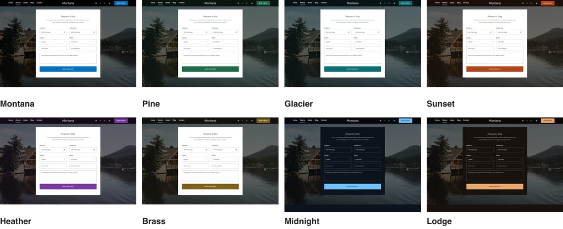The Montana booking request section in eight colour palettes: Montana, Pine, Glacier, Sunset, Heather, Brass, Midnight and Lodge