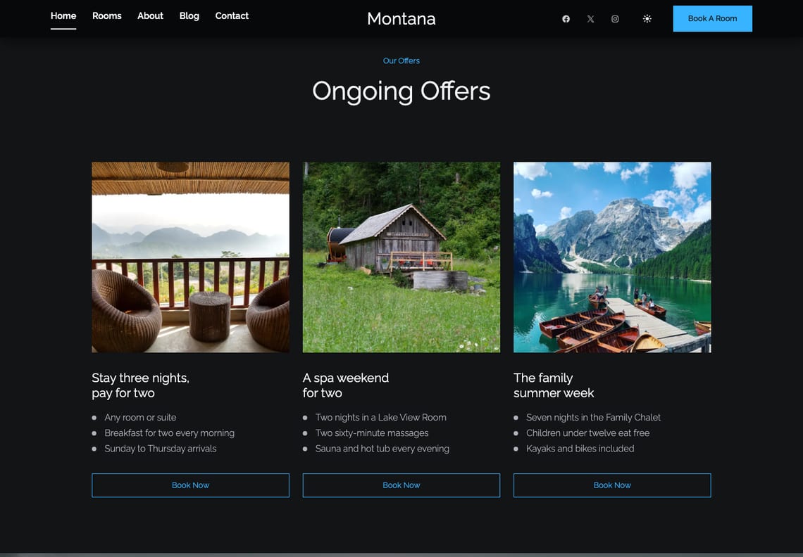 Montana in dark mode: the Ongoing Offers section with three photographs, a balcony, a sauna hut and rowing boats on a mountain lake, on a near-black page