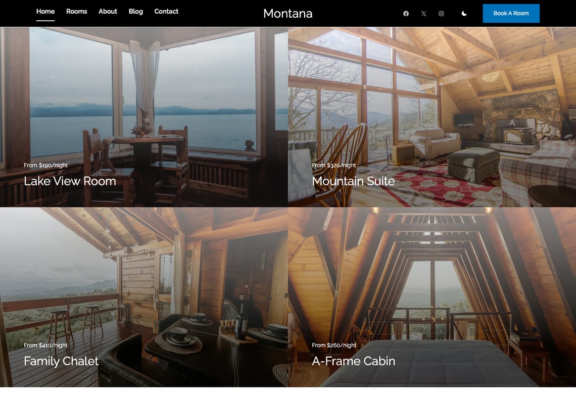 Montana featured rooms: four room photographs two by two, a corner window over the water, a sitting room with a stone fireplace, a deck under a timber roof and an A-frame bedroom, each with its name and price per night