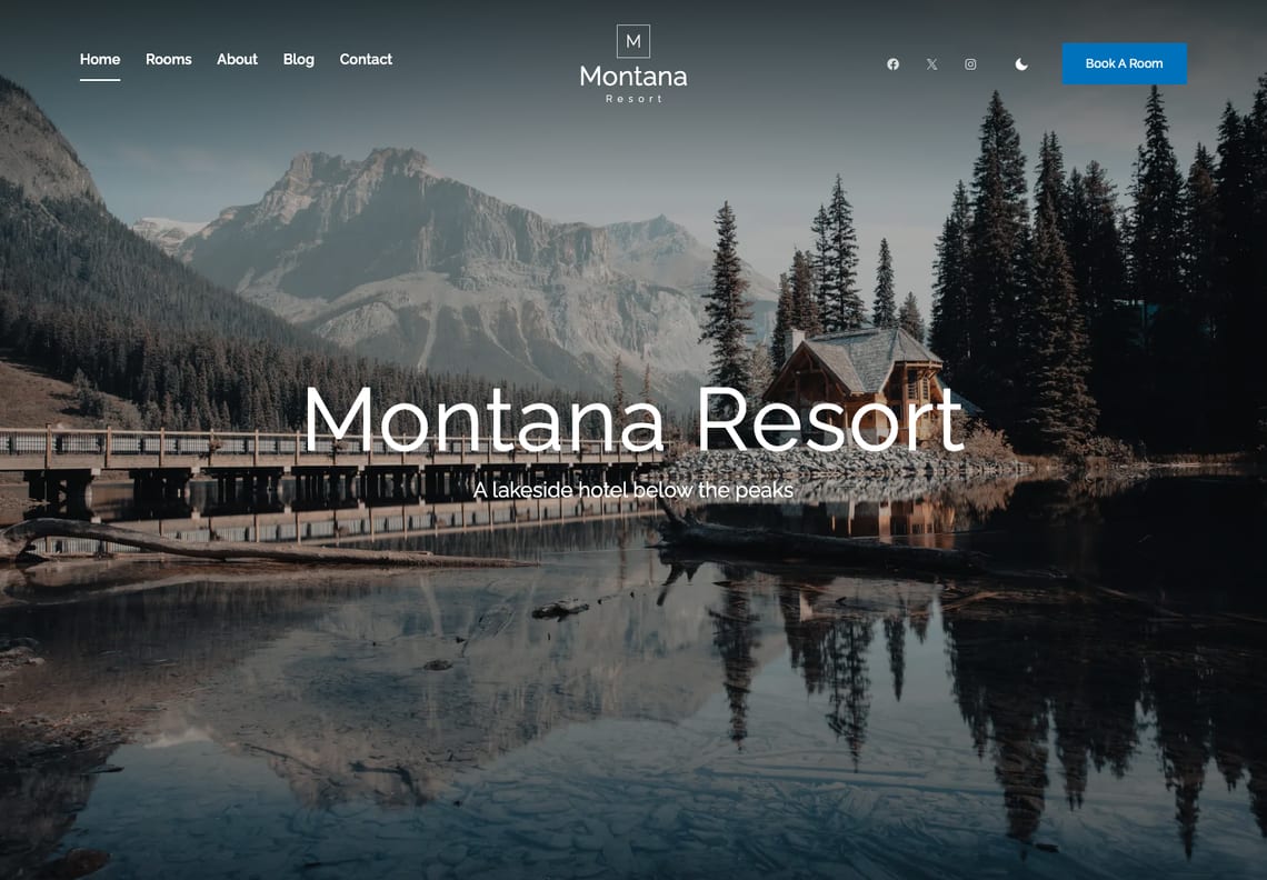 Montana home page: the header over a photograph of a lodge and its bridge reflected in a mountain lake, with the headline Montana Resort and the line A lakeside hotel below the peaks