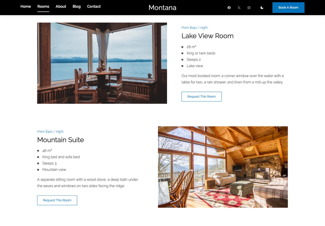 Montana rooms page: the Lake View Room and the Mountain Suite, each with a photograph, the price from per night, size, beds, guests, view and a Request This Room button