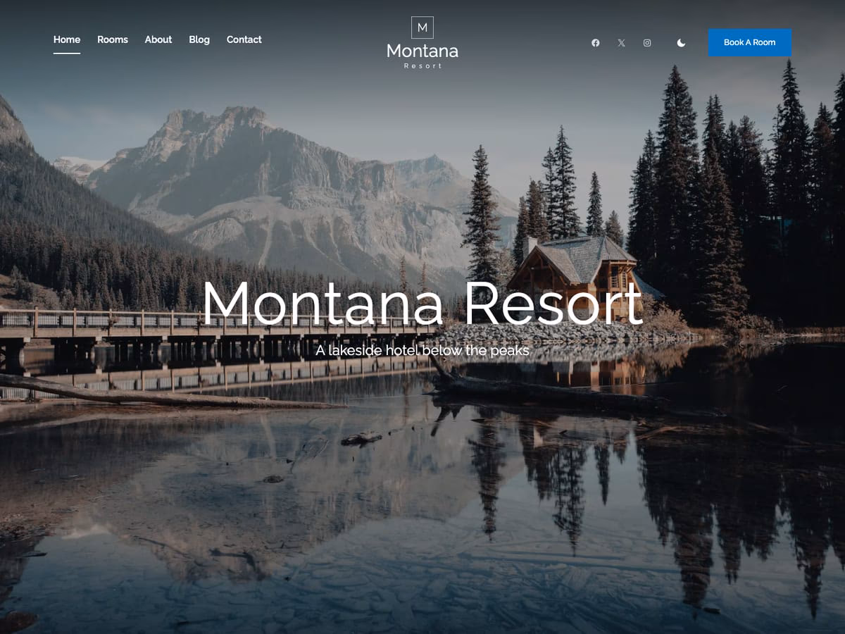 Montana WordPress theme home page: a timber lodge by a mountain lake under the headline Montana Resort, with the menu and a Book A Room button