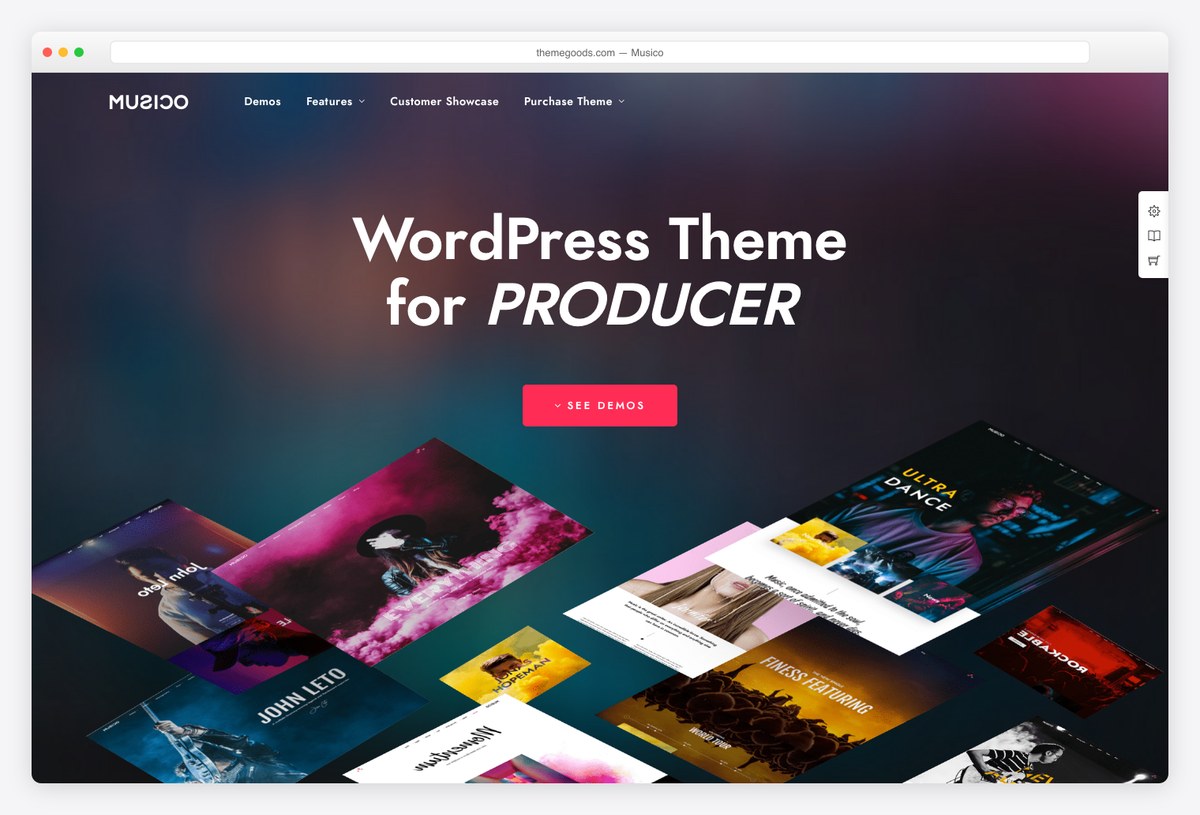 Musico premium music WordPress theme demo with a minimal one-page layout