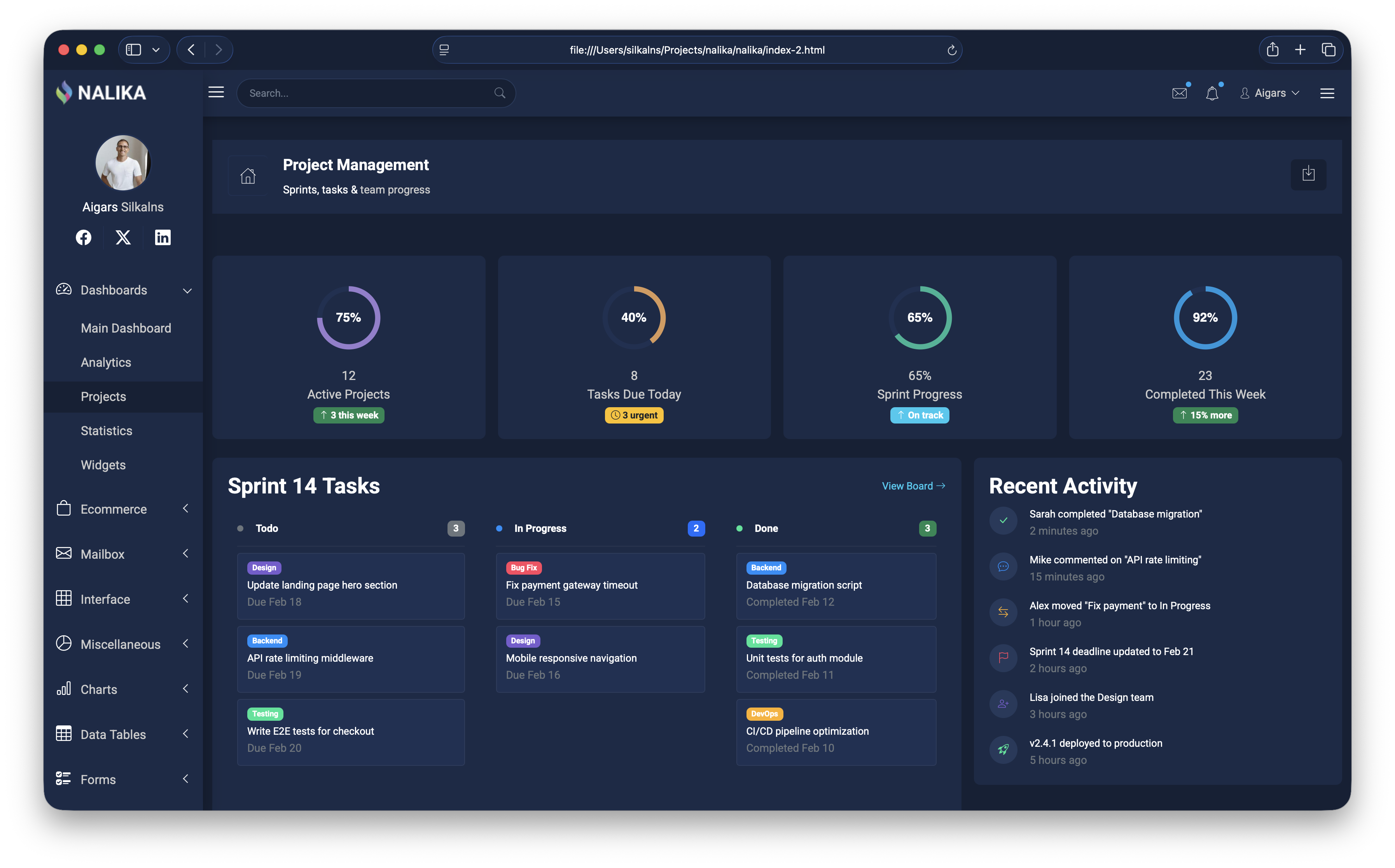 Nalika - project management admin dashboard with dark mdoe