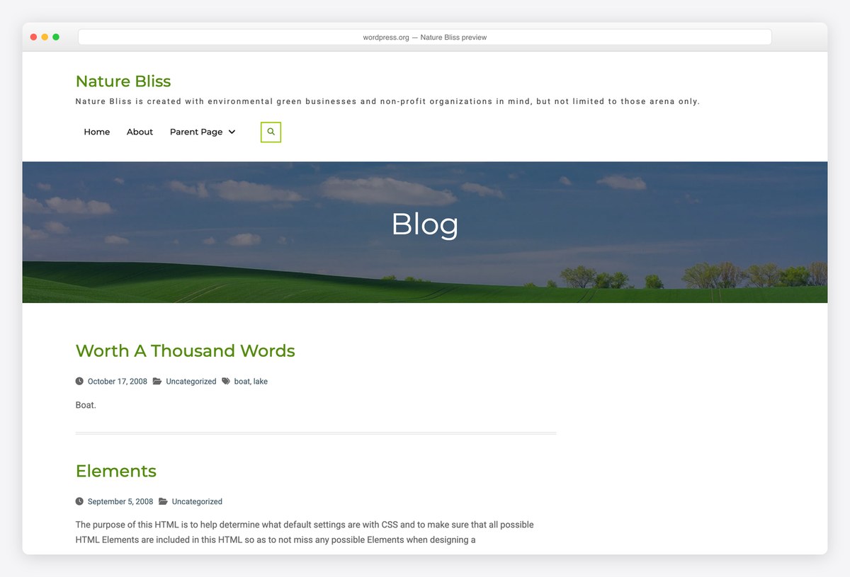 Nature Bliss free environmental WordPress theme preview