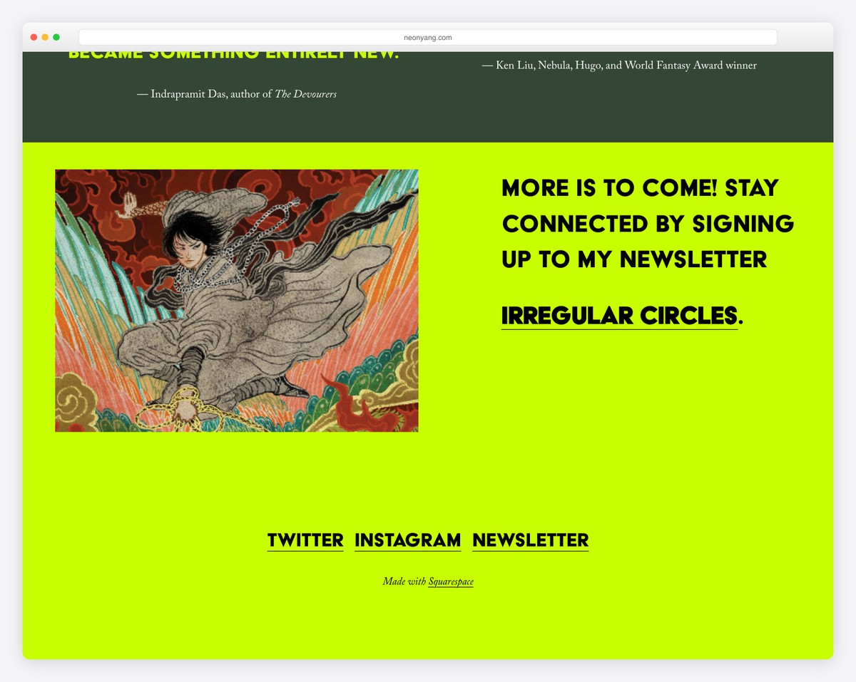 Neon Yang author website footer with book links and social media