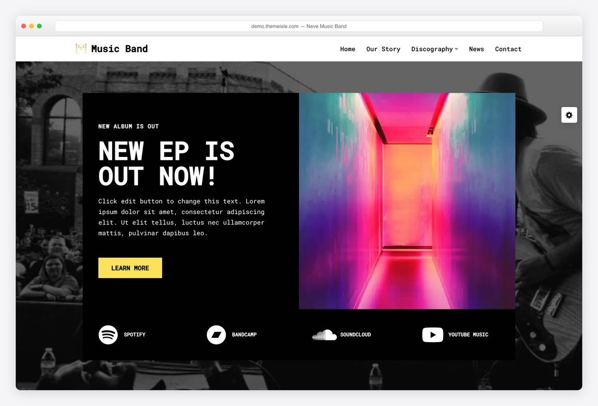 Neve free WordPress theme with its Music Band starter site