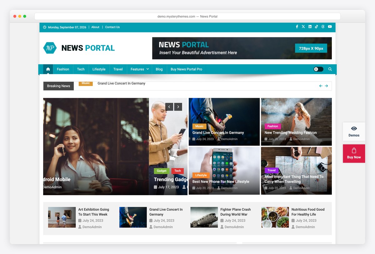 News Portal free WordPress theme with a featured slider and news ticker