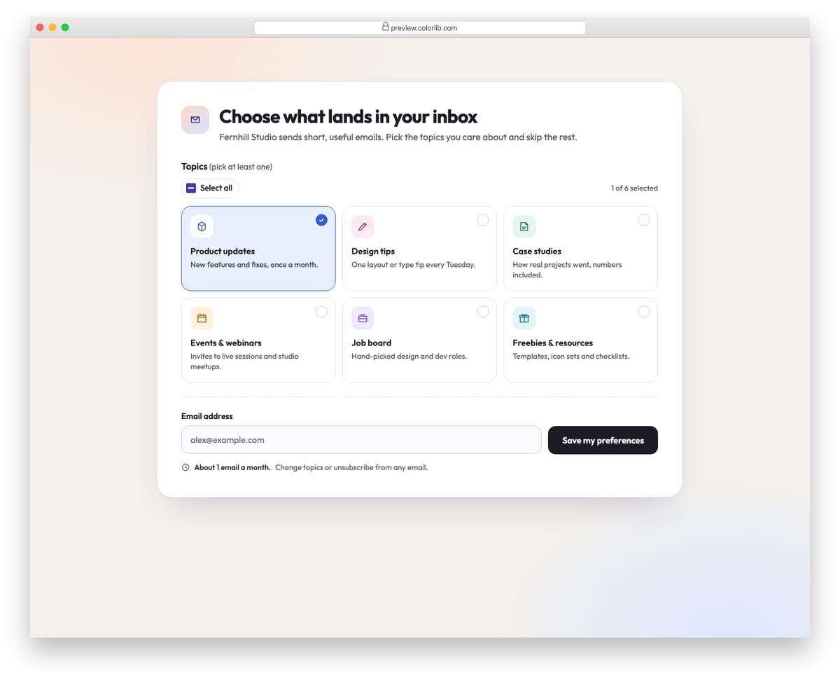 Newsletter Form V03: subscribe card with topic preference tiles