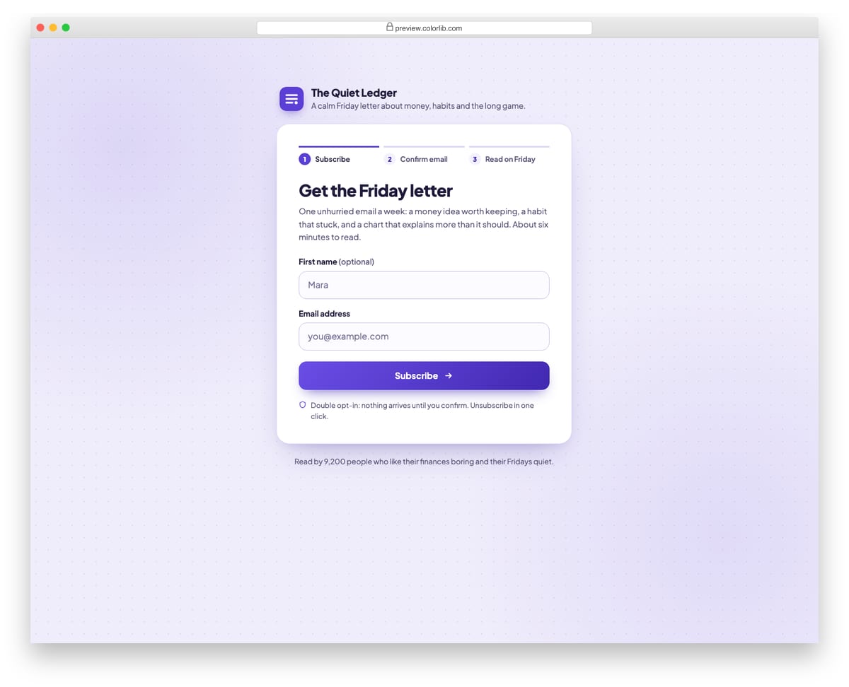 Newsletter Form V06: double opt-in signup card with a check-your-inbox confirmation state