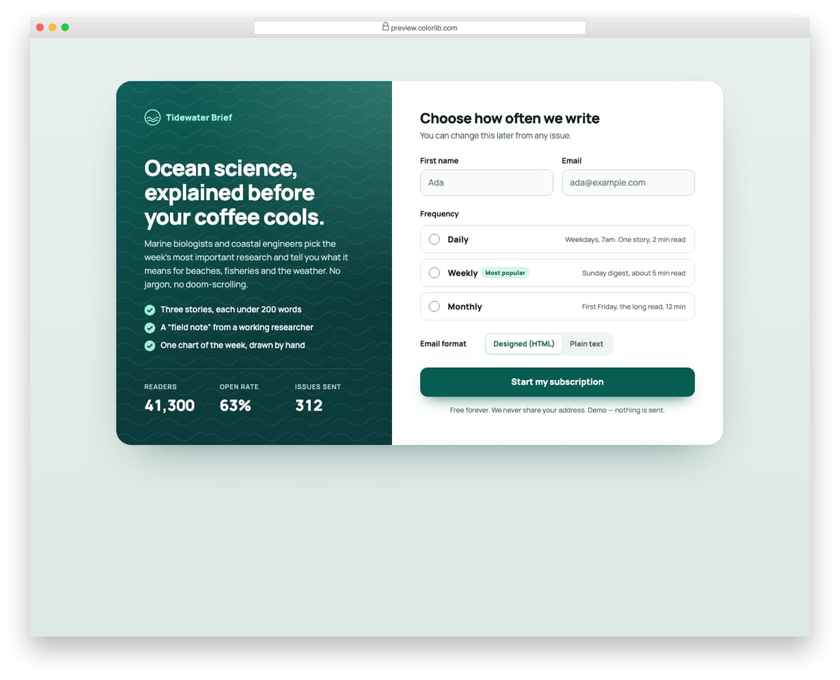 Newsletter Form V08: split-card newsletter signup with name, email and frequency choice