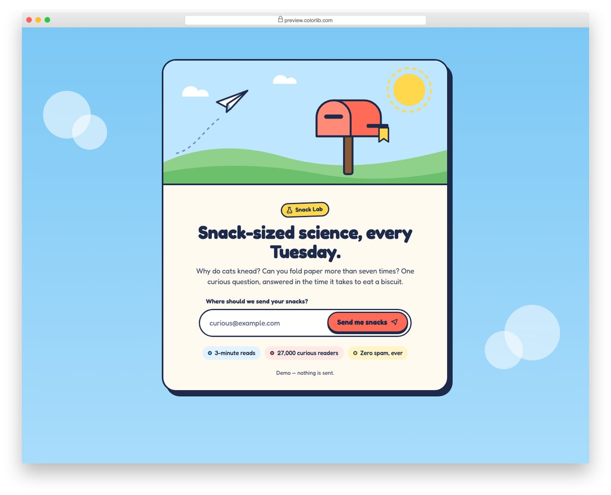 Newsletter Form V09: playful illustrated newsletter signup with a mailbox success animation