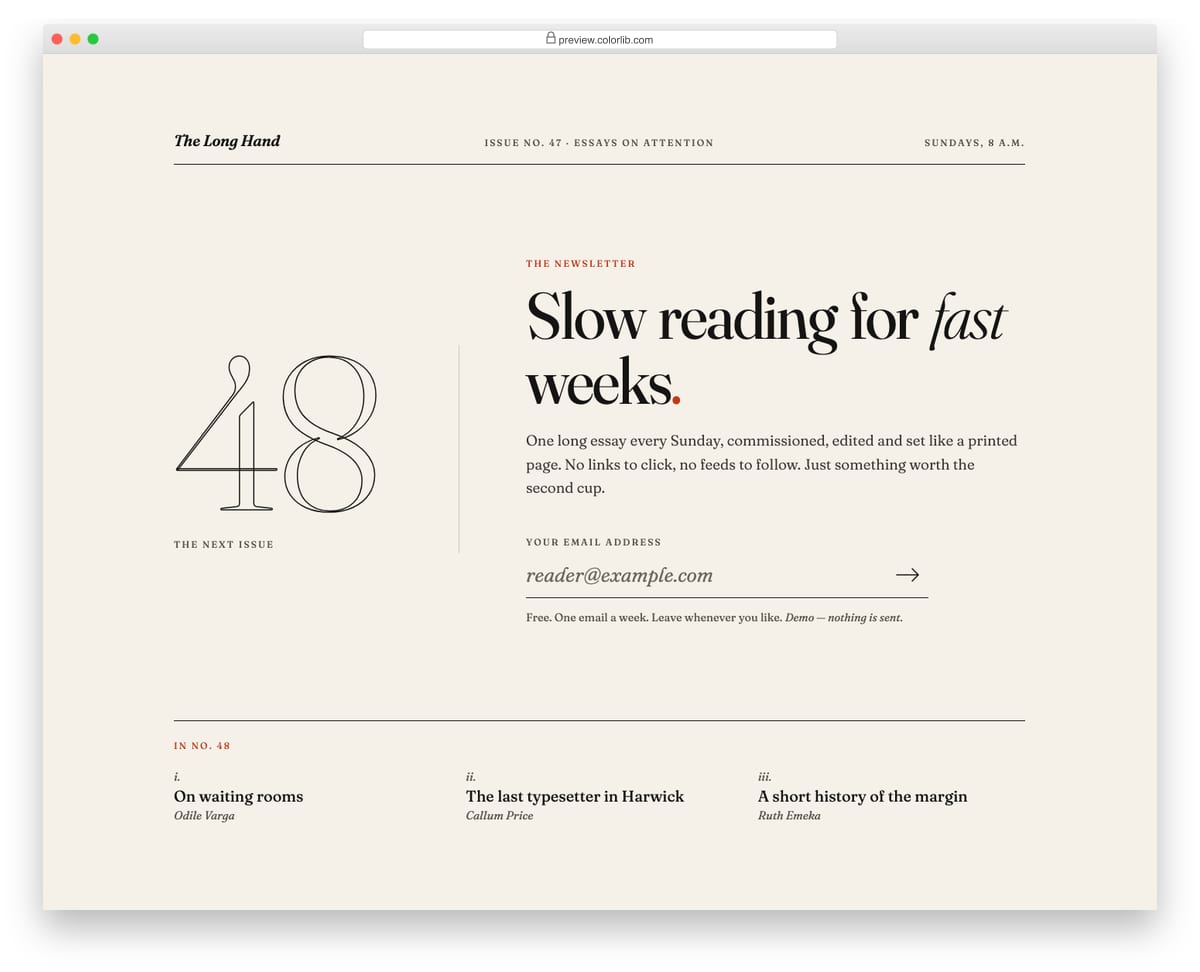 Newsletter Form V10: minimal editorial magazine signup with an underline input