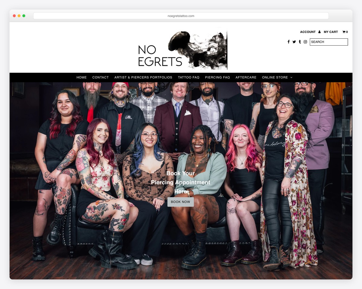 no egrets tattoo studio website example