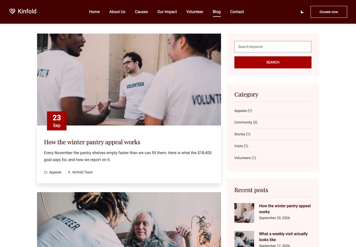 The blog: a post card with a photograph of volunteers talking, a red date box, the title How the winter pantry appeal works and an excerpt, beside a sidebar with search, categories and recent posts