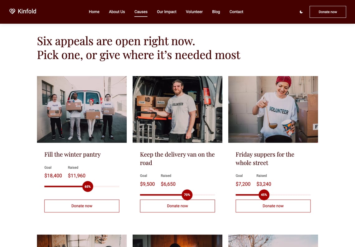 The Causes page: the heading Six appeals are open right now above three cause cards, each with a photograph of volunteers, a title, the goal and the amount raised, a red progress bar with its percentage and a Donate now button