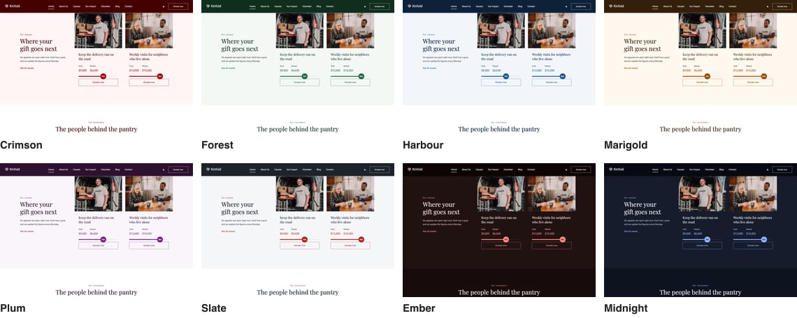 The home page's causes section in the theme's eight colour palettes: Crimson, Forest, Harbour, Marigold, Plum, Slate, and the dark Ember and Midnight