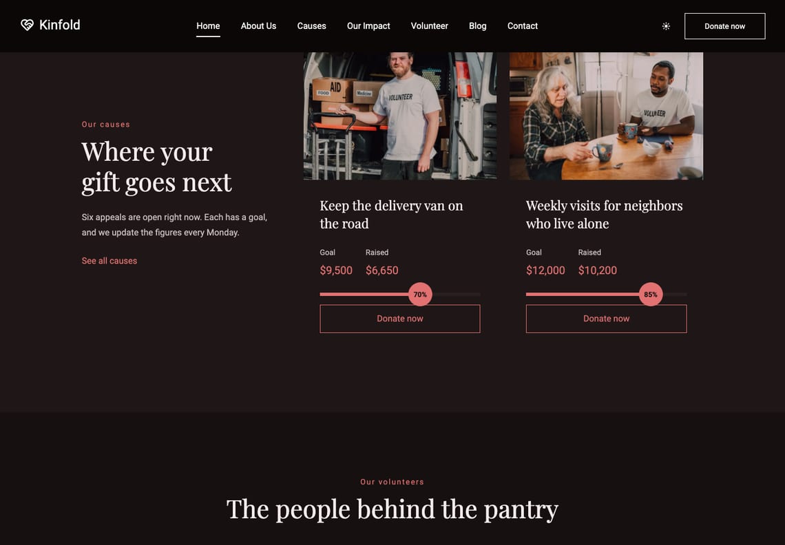 The home page in dark mode: the causes section on a near-black ground, with cream headings, salmon figures and progress bars, and outlined Donate now buttons