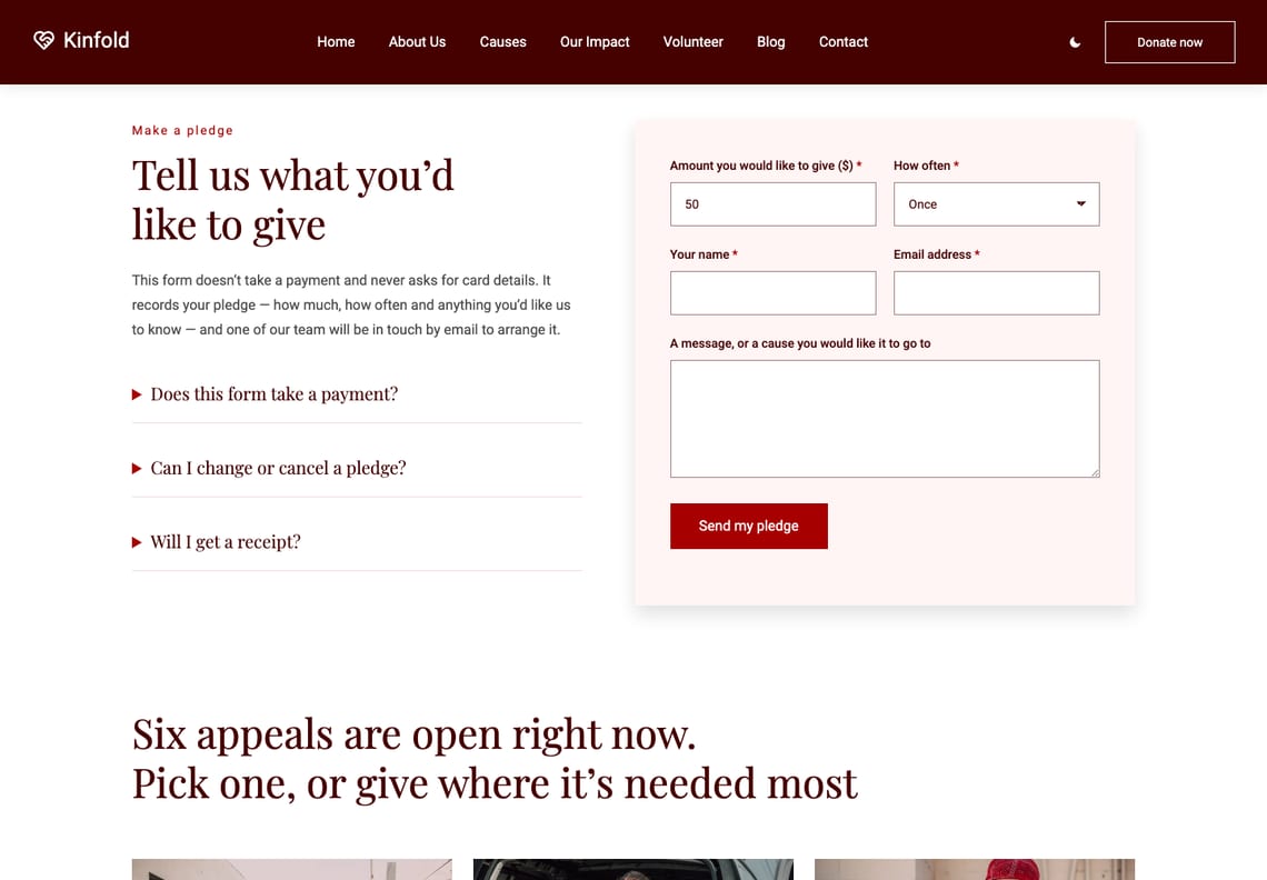 The Donate page: Tell us what you'd like to give, a note that the form takes no payment and three questions about giving, beside a pledge form with the amount, how often, name, email and a message