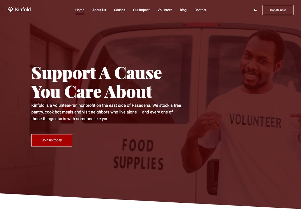 Nonprofit WordPress theme home page: the white serif headline Support A Cause You Care About over a volunteer by a food van under a deep red veil, with a Join us today button and the menu with a Donate now button above
