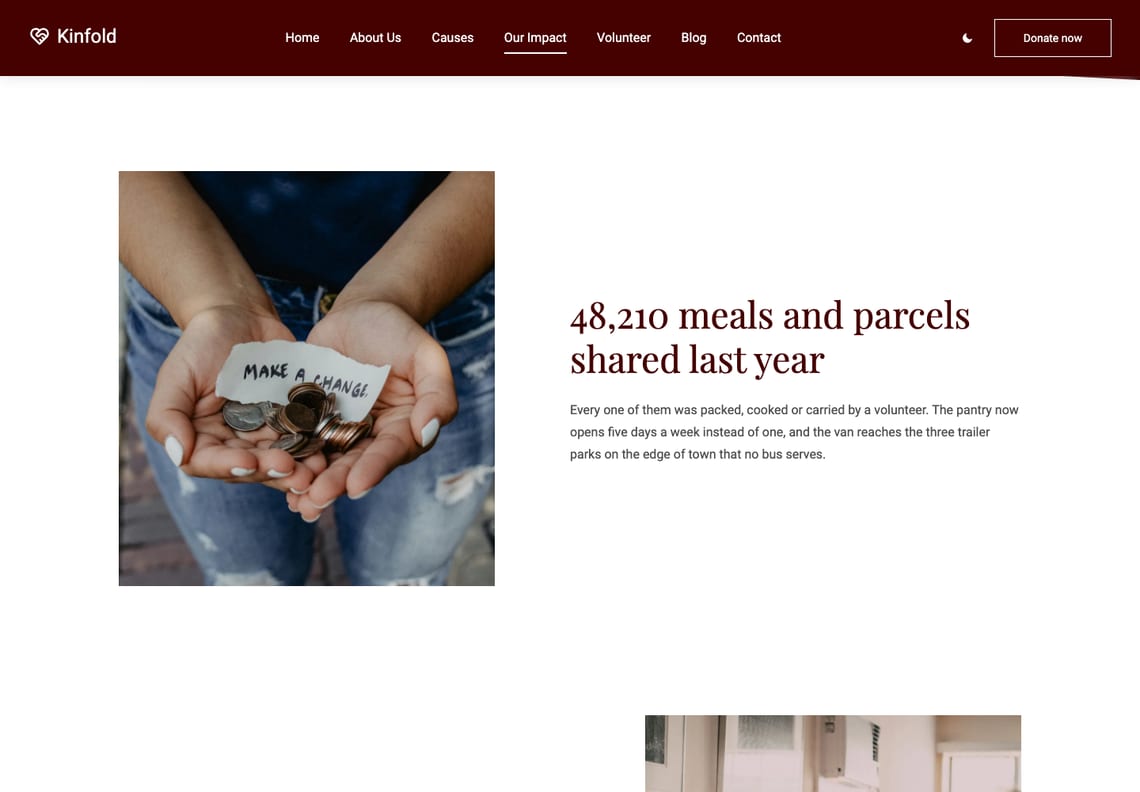 The Impact page: cupped hands holding coins and a torn note reading Make a change, beside the headline 48,210 meals and parcels shared last year and a paragraph