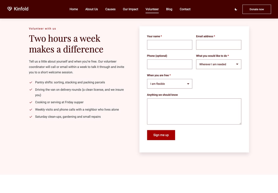 The Volunteer page: Two hours a week makes a difference with a ticked list of volunteer roles, beside a sign-up form with name, email, phone, what you would like to do, when you are free and a note