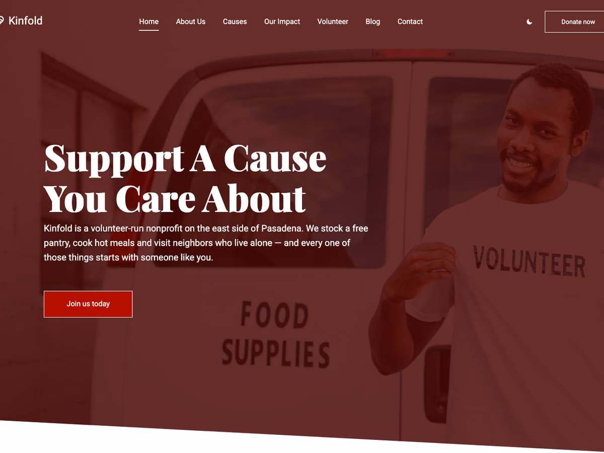 Nonprofit WordPress theme home page: a smiling volunteer beside a food-supplies van under a dark red wash, with the headline Support A Cause You Care About and a Join us today button