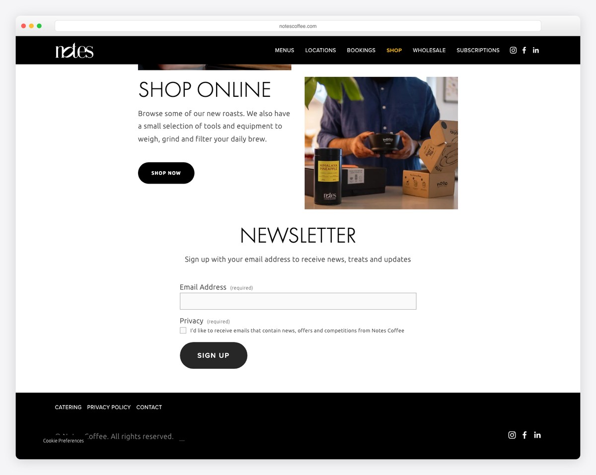 notes coffee website example