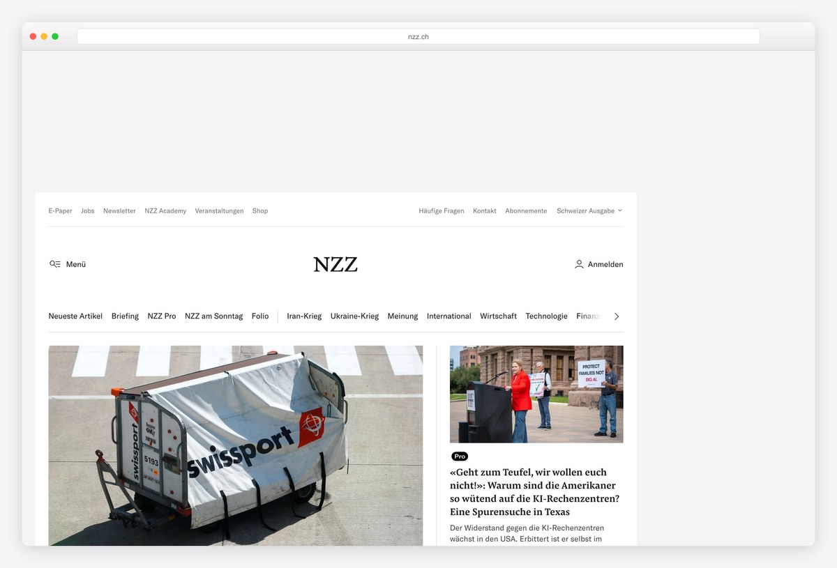 Neue Zürcher Zeitung homepage design