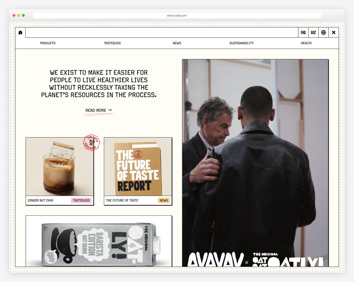 Oatly website footer with distinctive typography and sustainability links