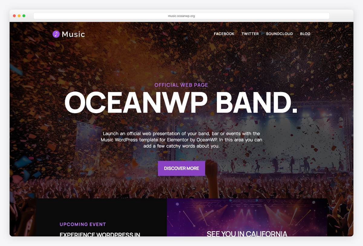 OceanWP Music demo with a band homepage and WooCommerce merch store