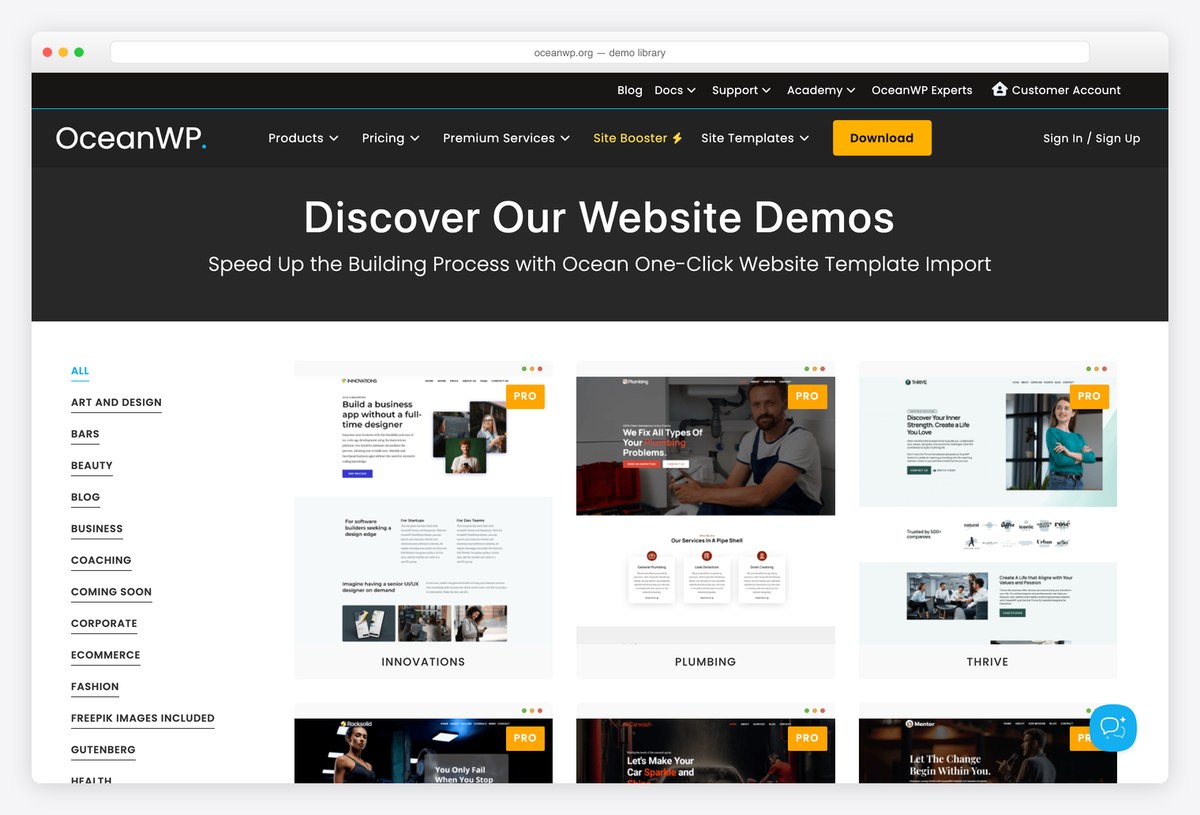 OceanWP free WordPress theme demo library
