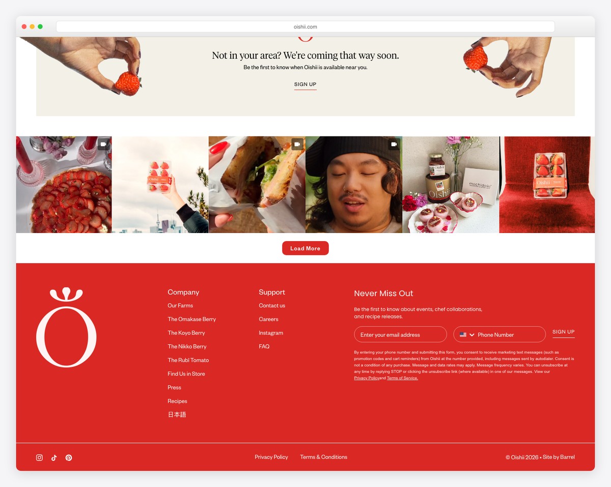 Oishii website footer with elegant typography and product links