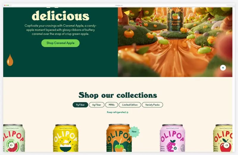 OLIPOP website animation: caramel apple film and cans sliding in on scroll