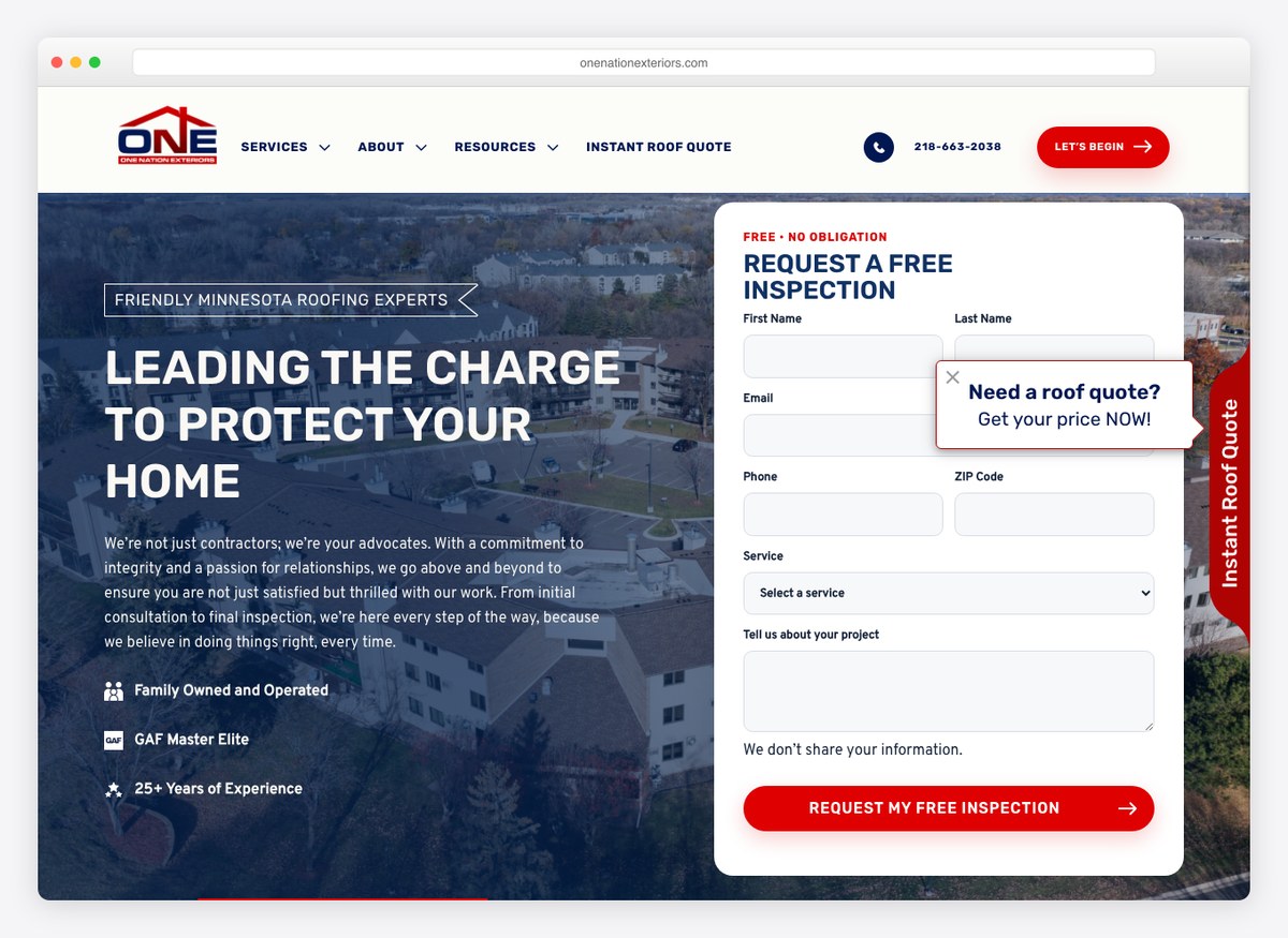 One Nation Exteriors roofing company website homepage