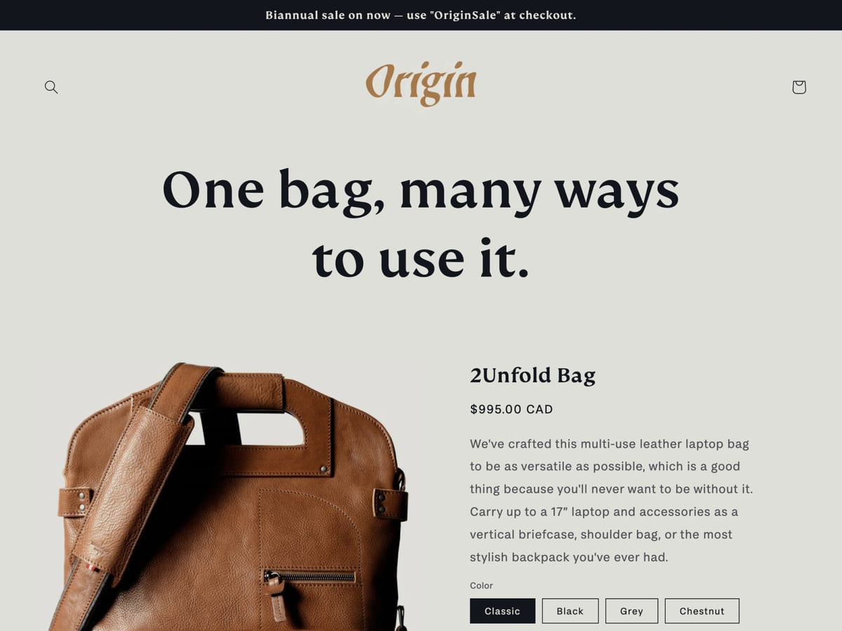 Origin free Shopify theme product page for a convertible leather bag