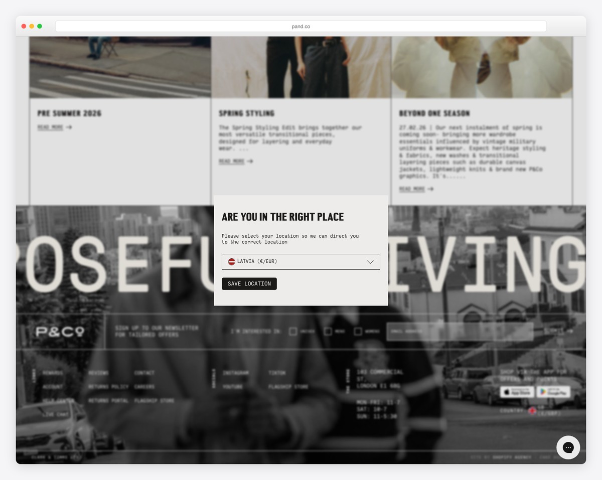 P&Co website footer with industrial design aesthetic